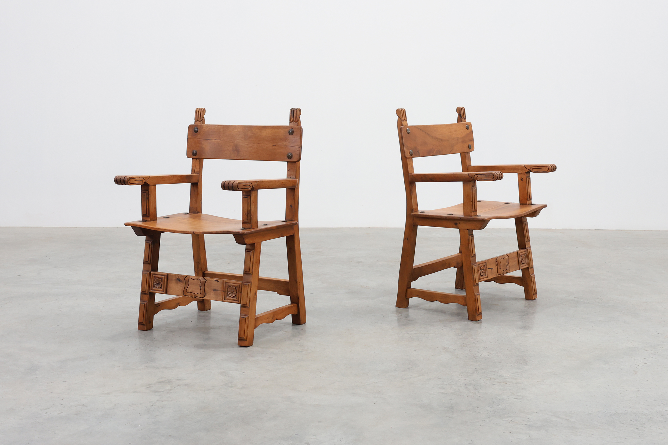 Pair of 2 Rustic carved oak side chairs, Spain ca. 1900thumbnail